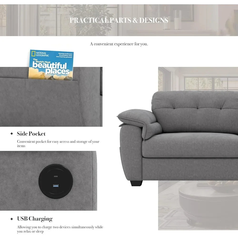 87" Modern Sofa, Comfy Sofa Couch w/Extra Deep Seats, 2/3 Seater Couches w/USB Charging Ports & Side Pockets