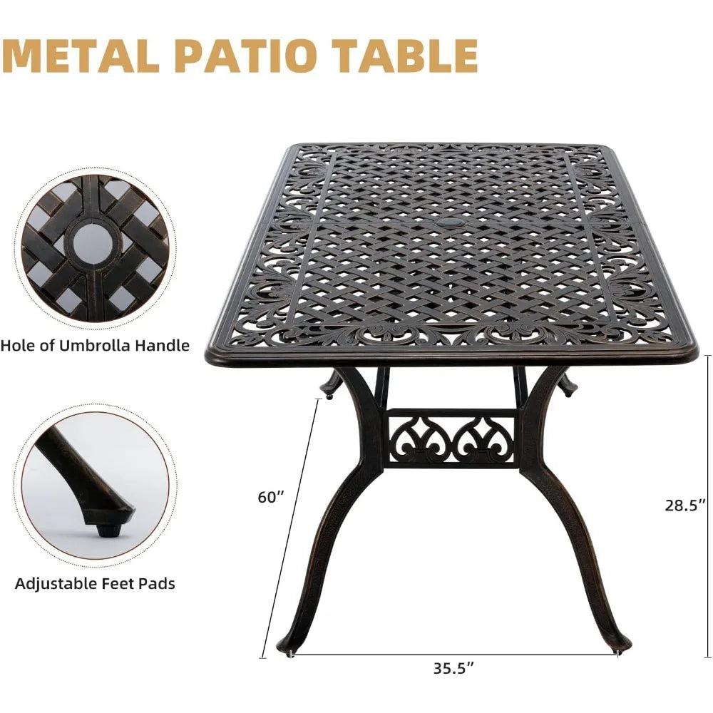 7-Piece Cast Aluminum Outdoor Table and Chairs, Antique Bronze Patio Dining Sets Include 60" Large Patio Dining Table and 6 Chai