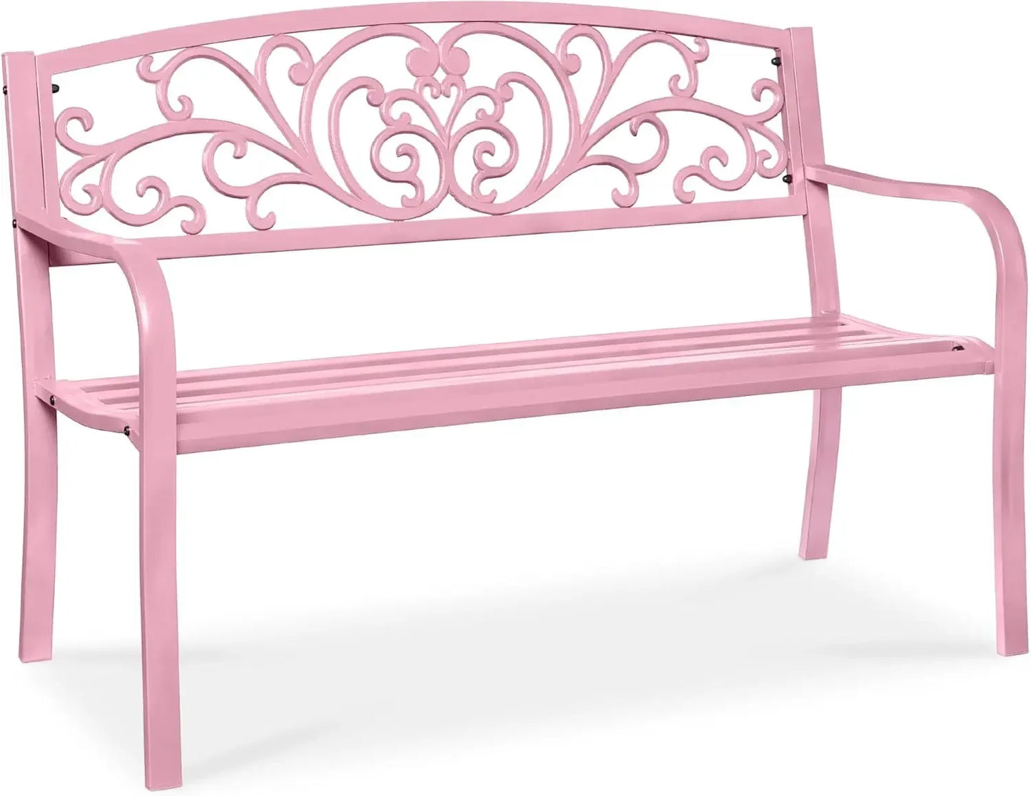 Outdoor Bench Steel Garden Patio Porch Furniture for Lawn, Park, Deck w/Floral Design Backrest, Slatted Seat