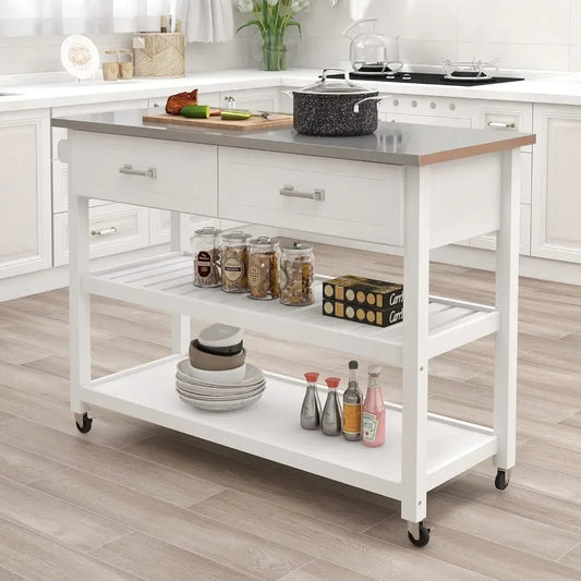 Kitchen Island White Stainless Steel Top Kitchen Cart On Wheels with 2 Drawers and Storage Shelves,