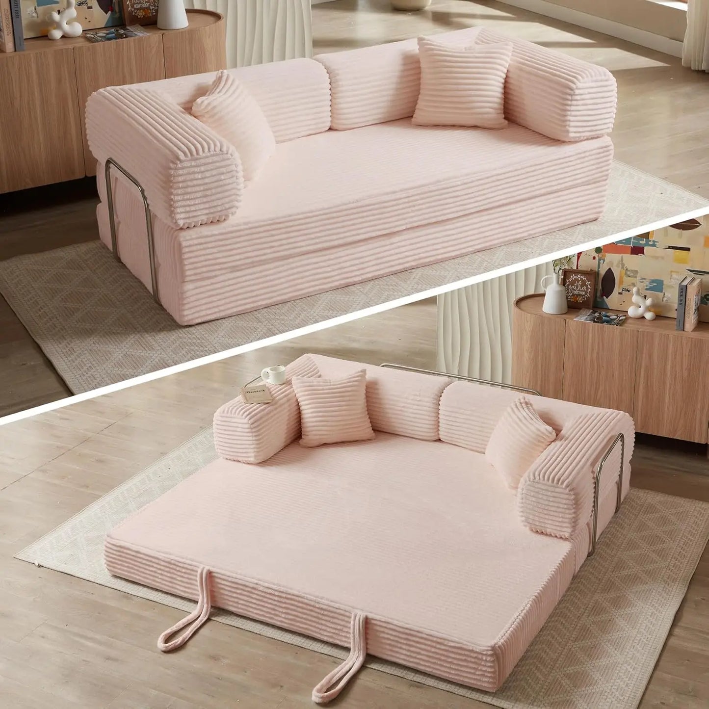 Sofa Bed 4-in-1 Boneless Couch Oversized Corduroy Upholstered Sleeper Sofa with Loveseat Couches for Living Room Futon