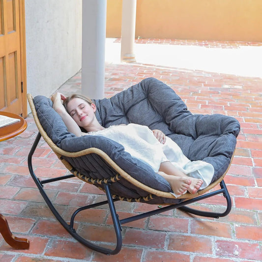 "Luxurious Oversized Outdoor Rocking Chair, Comfortable Patio Papasan Swing, Cozy Wicker Reading Nook, Egg-shaped Indoor Lounge