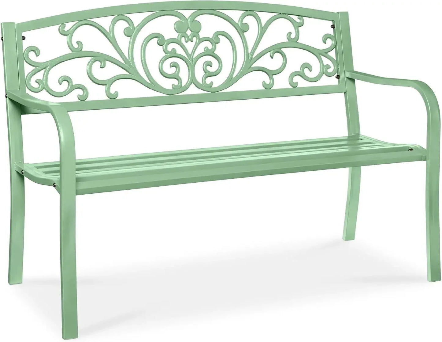 Outdoor Bench Steel Garden Patio Porch Furniture for Lawn, Park, Deck w/Floral Design Backrest, Slatted Seat