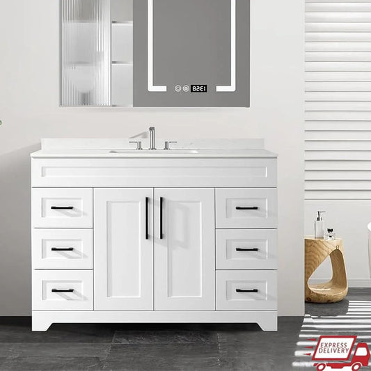 Modern Bathroom Vanity 48 inch with White Engineered Marble Stone Sink Sturdy Plywood Construction Two Soft Closing Doors