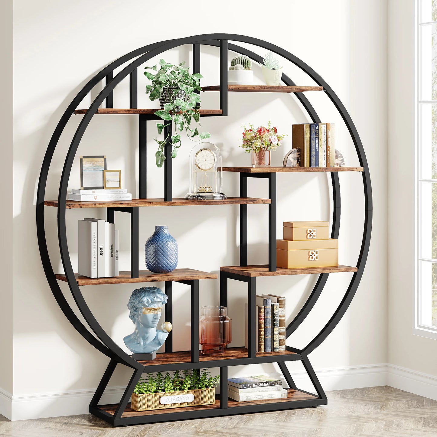 Tribesigns Bookshelf, Round Bookshelves Etagere Bookcase, 63-Inch Industrial Wood Book Shelf with Staggered Shelves