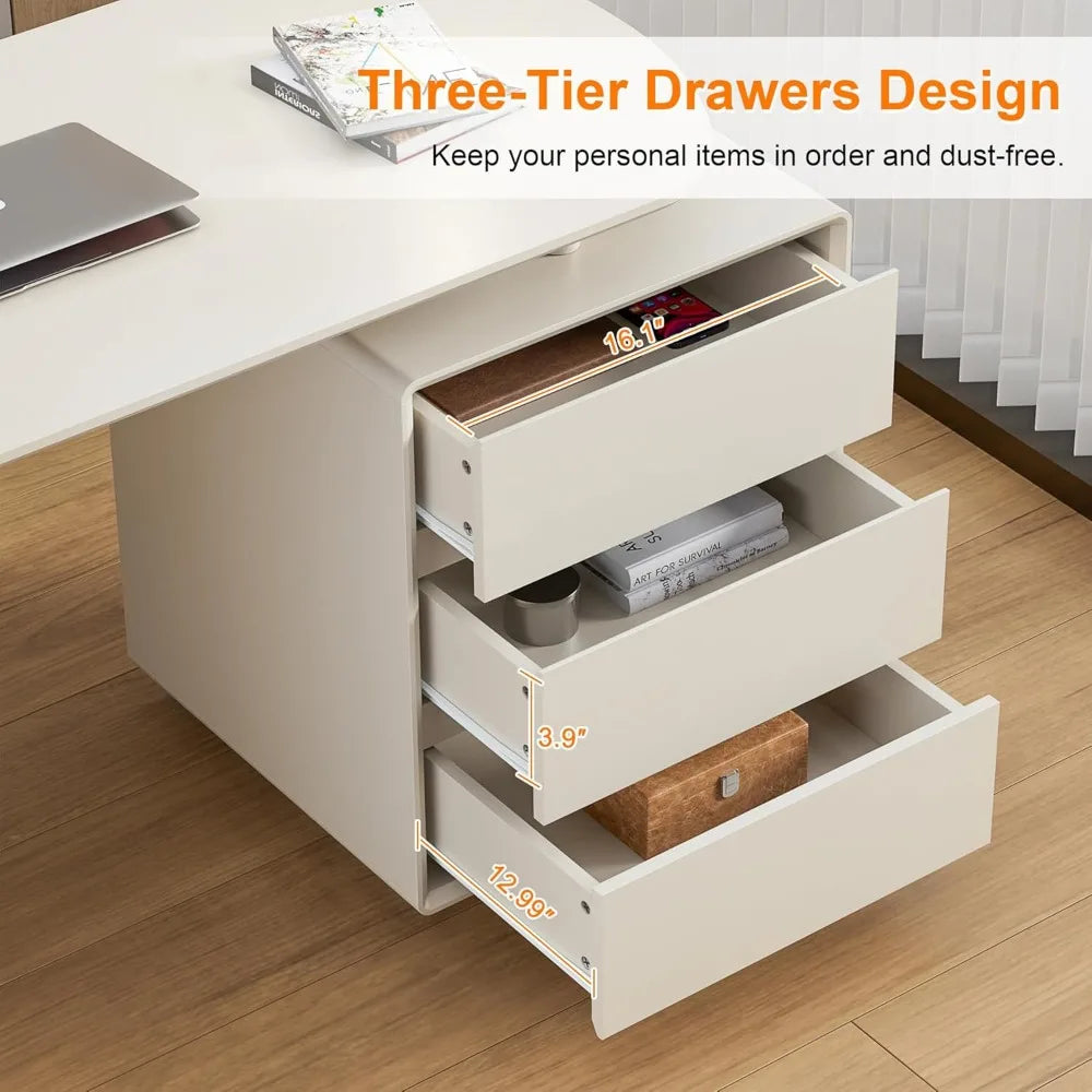 Desk with Drawers, 55inch Home Office White Desk with Drawers and Storage Shelves, Cream White Desk Modern Simple Style Laptop
