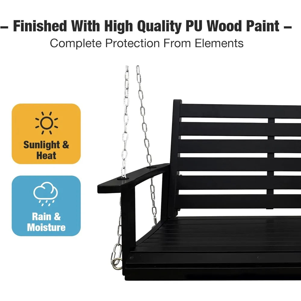 Wooden Porch Swing, Ergonomic Seat, Bench Swing with Hanging Chains and 7mm Springs, Heavy Duty 800 LBS, for Outdoor Patio