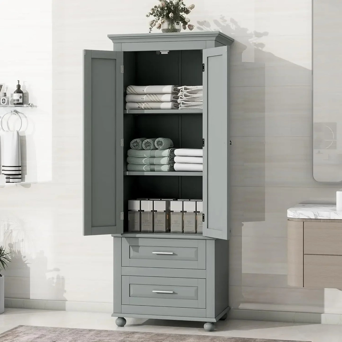 Bathroom Storage Cabinet with 4 Doors, 3-Tier Door Racks, Storage Drawer, 72" Free-Standing Tall Linen Cabinet for Bathroom
