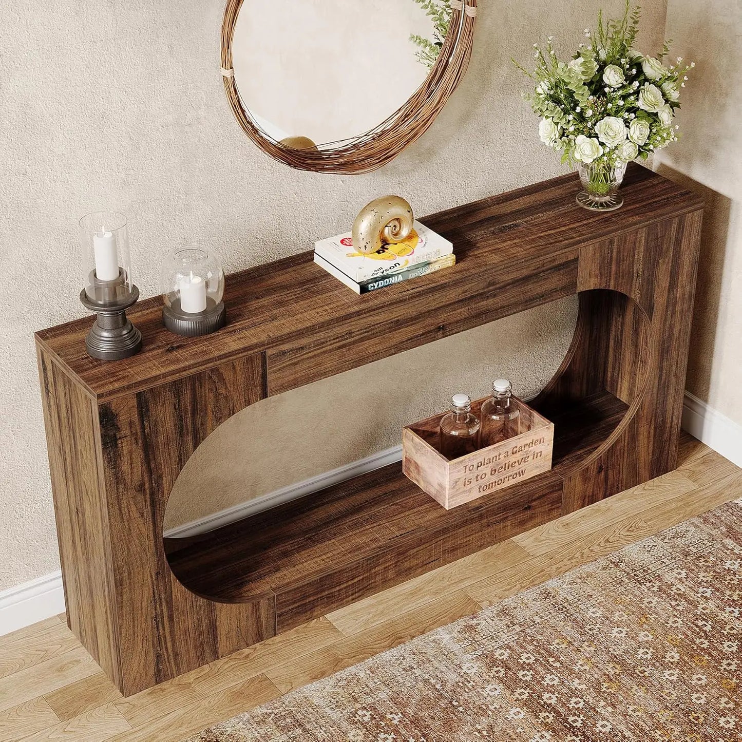 Console Table, 63 Inches Narrow Sofa Entryway Table with 2-Tier Storage Shelf for Living Room, Rustic Brown