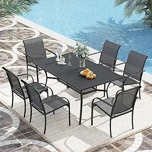 7 Pieces Patio Dining Set, Patio Furniture Set of 6 Patio Stackable Dining Chairs and Outdoor Rectangular Metal Table with Stor
