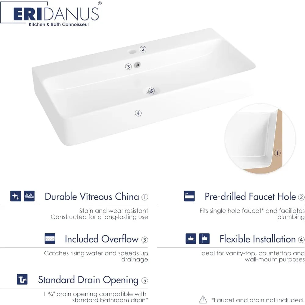 Bathroom Vessel Sink 36" x 16", Above Counter Wall Hang Mount Vanity Sink Ceramic Rectangular, Premium White Art Basin with Ove