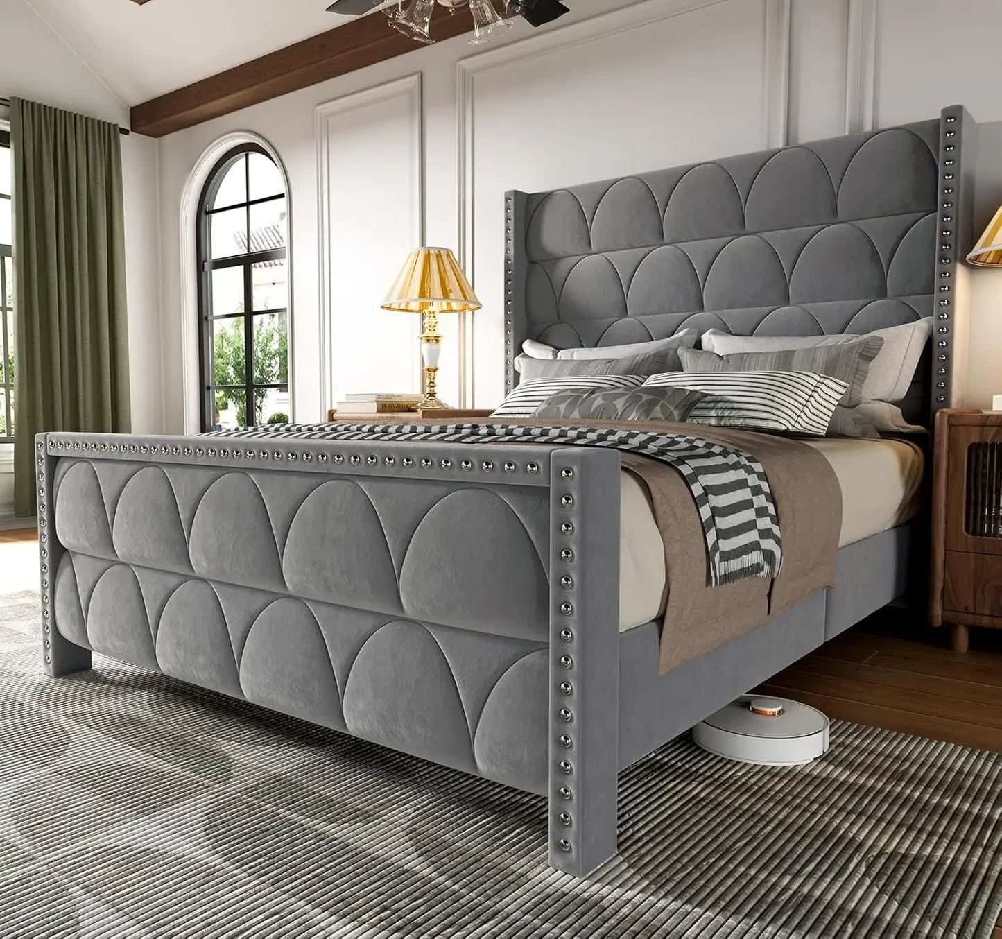Silent Velvet Wingback Platform Bed Frame with 56" Headboard - 1000lb Weight Capacity & Noise-Free Design