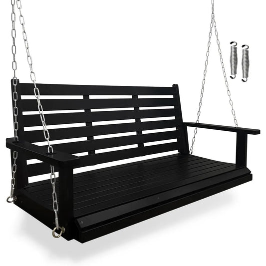 Wooden Porch Swing, Ergonomic Seat, Bench Swing with Hanging Chains and 7mm Springs, Heavy Duty 800 LBS, for Outdoor Patio