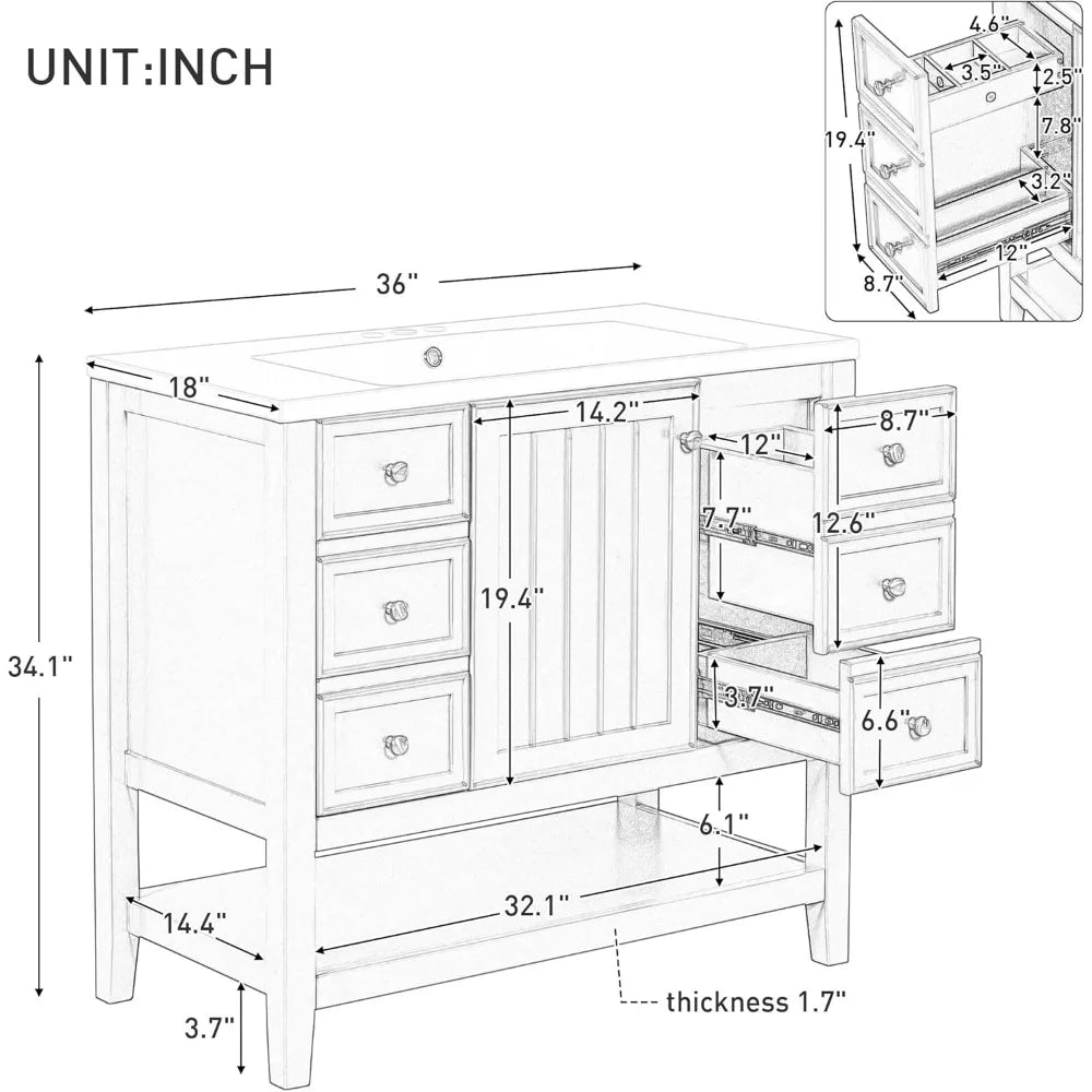 Harper & Bright Designs 36" Bathroom Vanity with Sink, Free Standing Single Basin Vanity Set with One Cabinet and Three Drawers,