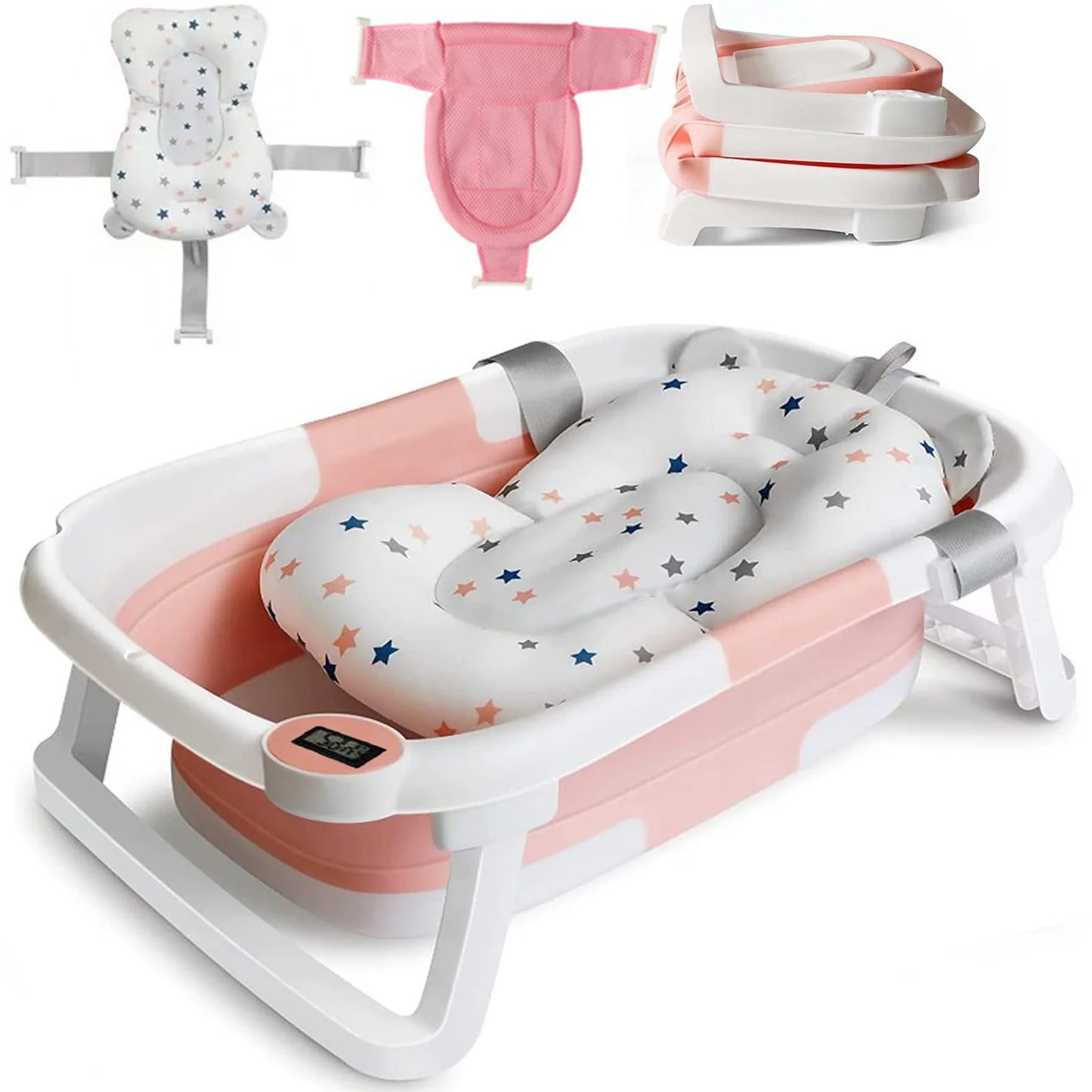 Foldable Baby Bath Tub With Bath Cushion And Thermometer