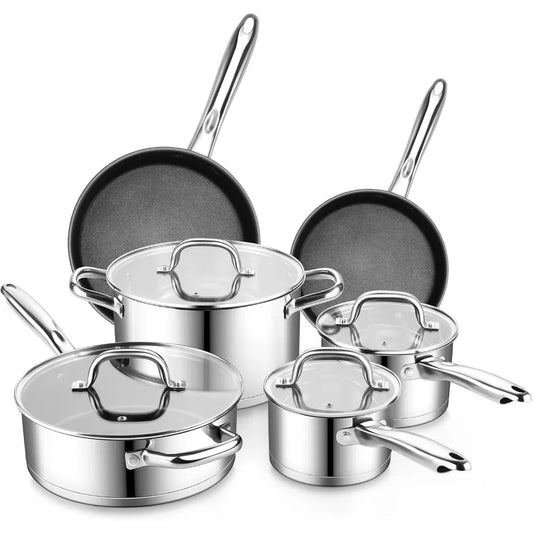P&P CHEF 10 Pcs Pots and Pans Sets, Stainless Steel Cookware Set of 6 for Kitchen, Induction Cooking Pot & Saucepans with Glass
