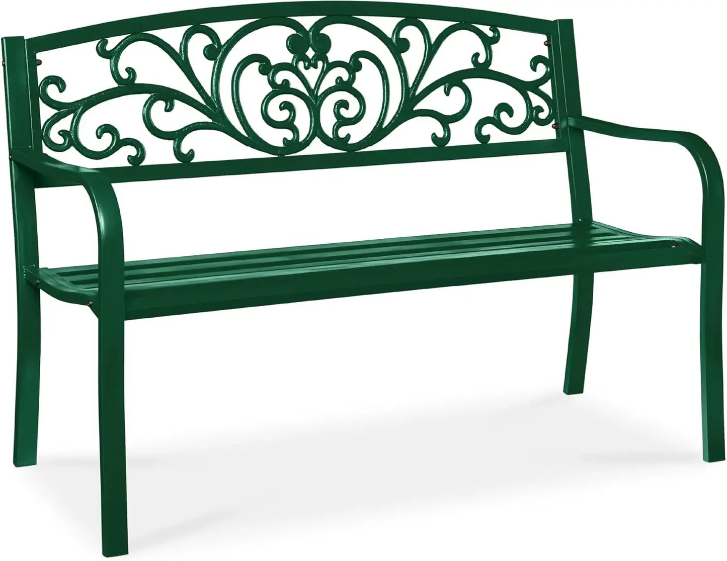 Outdoor Bench Steel Garden Patio Porch Furniture for Lawn, Park, Deck w/Floral Design Backrest, Slatted Seat