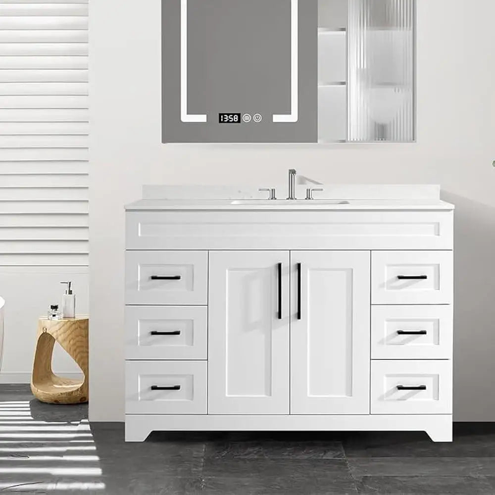 Modern Bathroom Vanity 48 inch with White Engineered Marble Stone Sink Sturdy Plywood Construction Two Soft Closing Doors