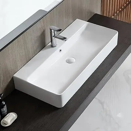 Bathroom Vessel Sink 36" x 16", Above Counter Wall Hang Mount Vanity Sink Ceramic Rectangular, Premium White Art Basin with Ove
