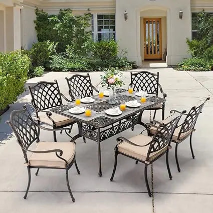 7-Piece Cast Aluminum Outdoor Table and Chairs, Antique Bronze Patio Dining Sets Include 60" Large Patio Dining Table and 6 Chai