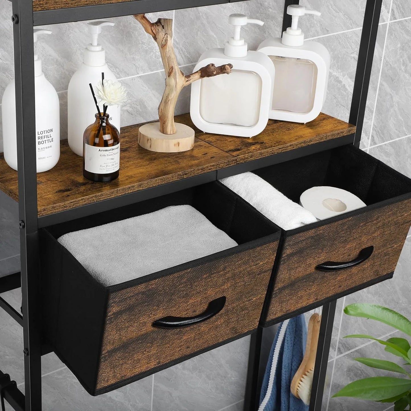 Over-Toilet Storage Cabinet with Fabric Drawers - Space-Saving Bathroom Shelf Organizer, Fits Most Toilets, Rustic Brown