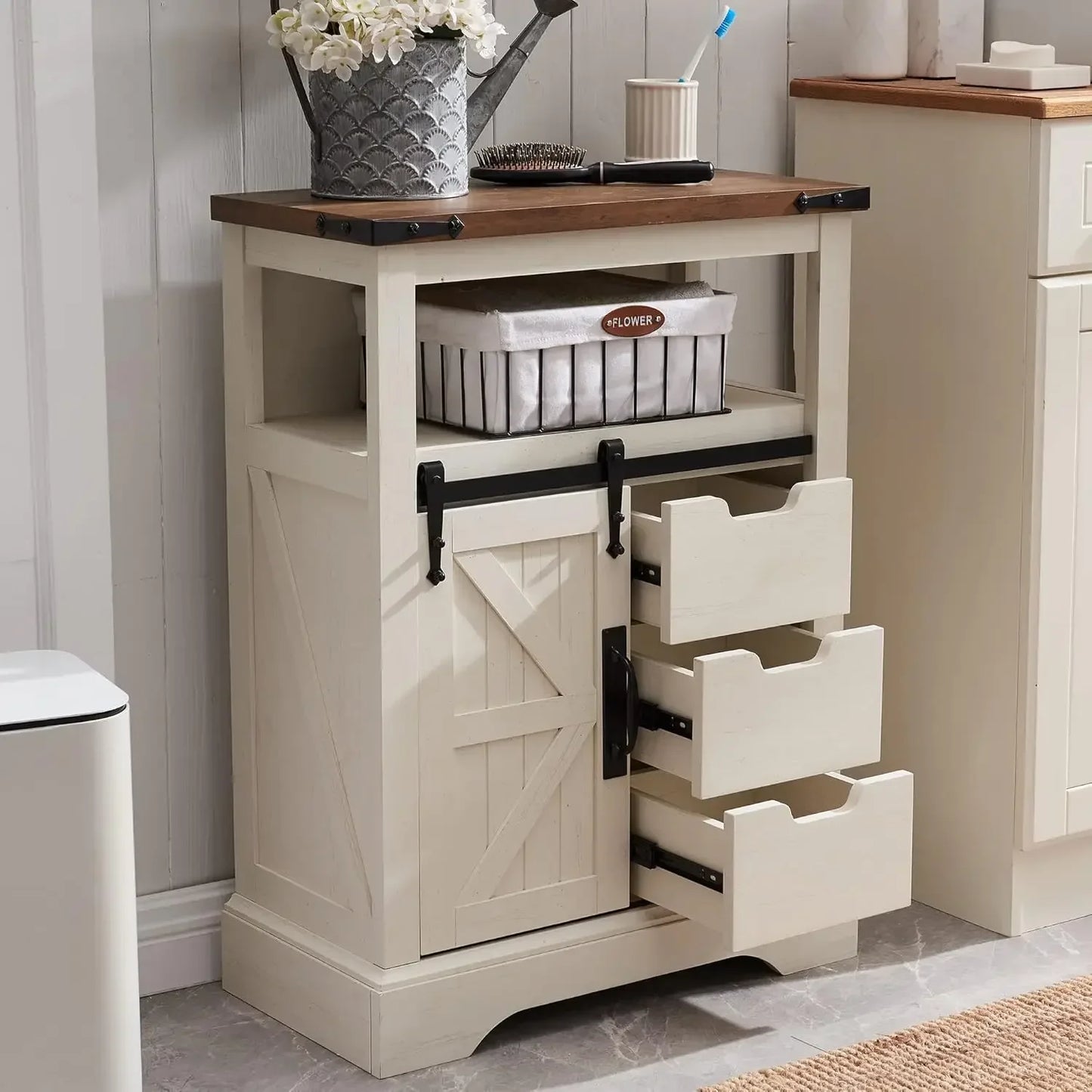 Bathroom Floor Cabinet, Farmhouse Storage Cabinet with Sliding Barn Door & Storage Drawers, Small Storage Cabinet