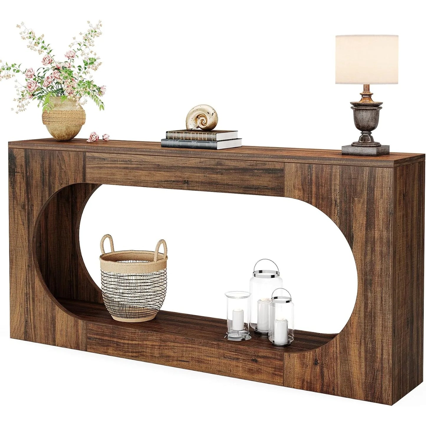 Console Table, 63 Inches Narrow Sofa Entryway Table with 2-Tier Storage Shelf for Living Room, Rustic Brown
