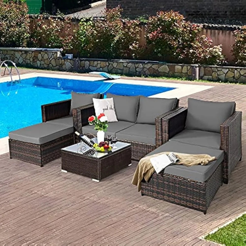 5 Pieces Patio Furniture Set, Outdoor Rattan Sofa Set w/Removable Cushions, Wicker Loveseat w/Single Sofa & Ottoman, Sectional