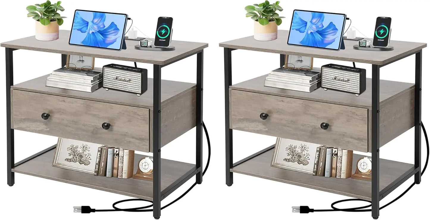 27 inch Nightstand Side Table with 1 Layer of Wooden Drawers，Nightstand with Charging Station,End Table Bedside Table