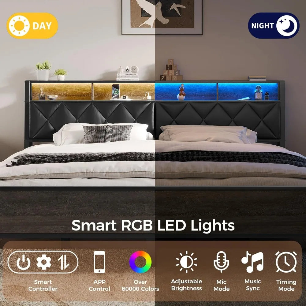 Headboard for Queen Size Bed with Storage, Upholstered Headboards with LED Lights & Charging Station, Queen Headboard Only