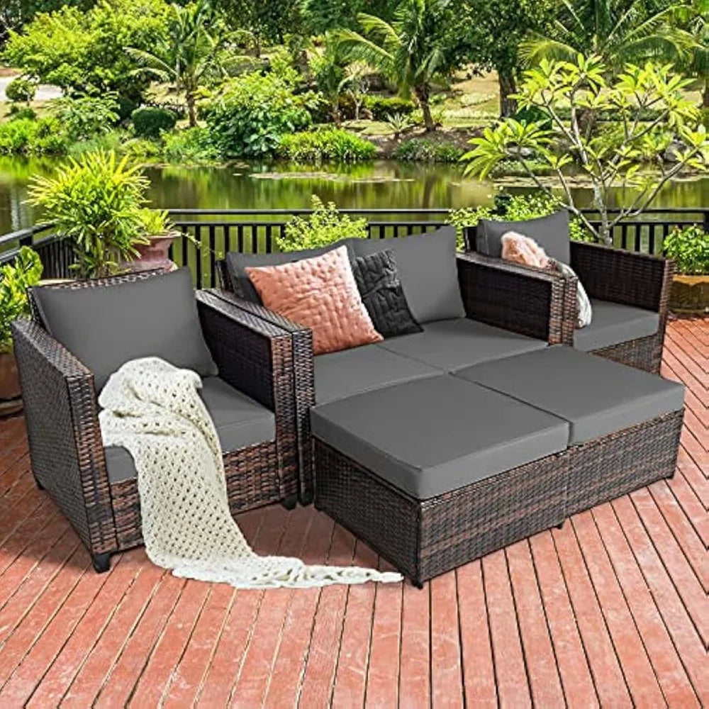 5 Pieces Patio Furniture Set, Outdoor Rattan Sofa Set w/Removable Cushions, Wicker Loveseat w/Single Sofa & Ottoman, Sectional