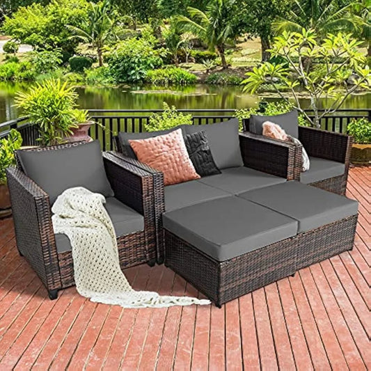 5 Pieces Patio Furniture Set, Outdoor Rattan Sofa Set w/Removable Cushions, Wicker Loveseat w/Single Sofa & Ottoman, Sectional