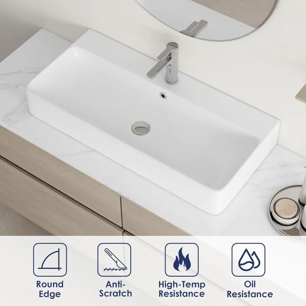Bathroom Vessel Sink 36" x 16", Above Counter Wall Hang Mount Vanity Sink Ceramic Rectangular, Premium White Art Basin with Ove