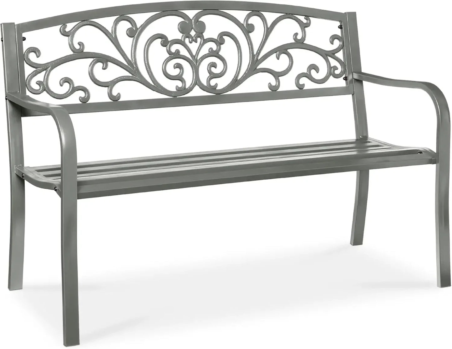 Outdoor Bench Steel Garden Patio Porch Furniture for Lawn, Park, Deck w/Floral Design Backrest, Slatted Seat