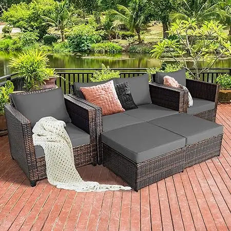 5 Pieces Patio Furniture Set, Outdoor Rattan Sofa Set w/Removable Cushions, Wicker Loveseat w/Single Sofa & Ottoman, Sectional