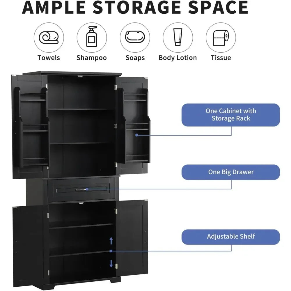 Bathroom Storage Cabinet with 4 Doors, 3-Tier Door Racks, Storage Drawer, 72" Free-Standing Tall Linen Cabinet for Bathroom