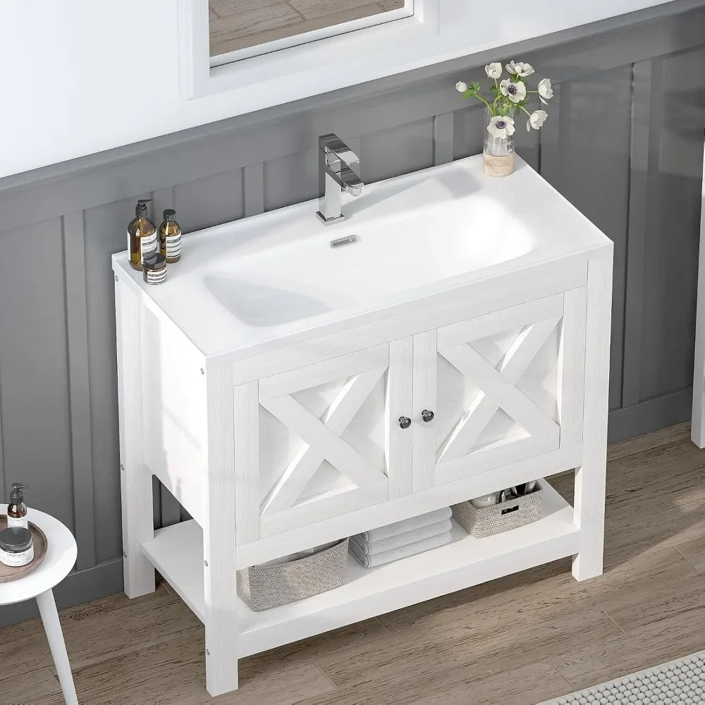 Farmhouse Bathroom Vanity with Sink, 35 Inch Bathroom Vanity Cabinet, Freestanding Vanity, 2 Doors and Open Shelf,