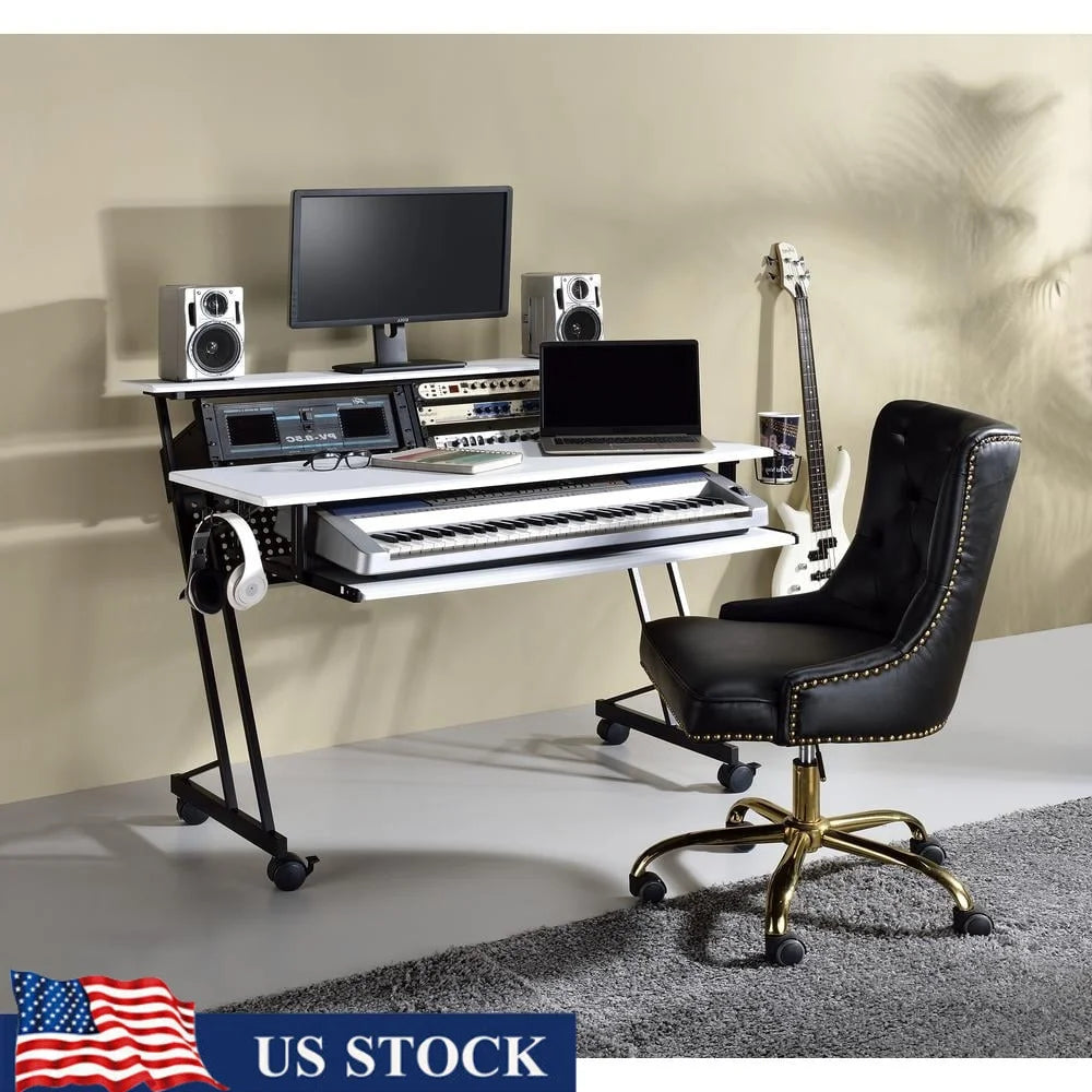 47Inch Home Office Desk Music Recording Studio Furniture Computer Desk with Keyboard Tray Cupholder Headset Hook 3 Shelves