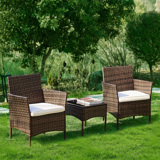 JHK Outdoor Patio Furniture Set 3 Pieces with Soft Cushion and Glass Table Manual Weaving Wicker Rattan Patio Chairs For Garden