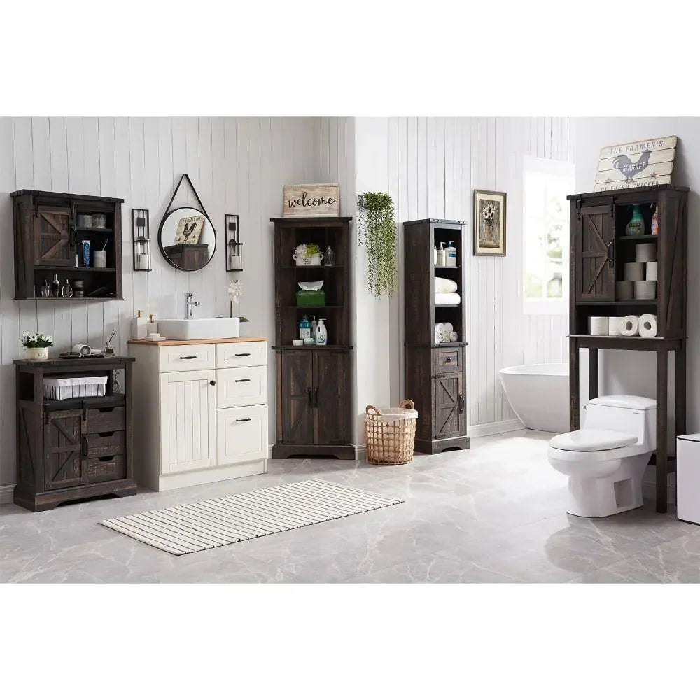 Bathroom Floor Cabinet, Farmhouse Storage Cabinet with Sliding Barn Door & Storage Drawers, Small Storage Cabinet