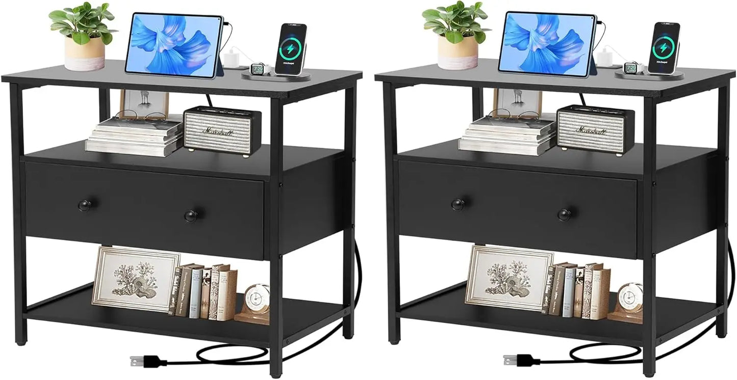 27 inch Nightstand Side Table with 1 Layer of Wooden Drawers，Nightstand with Charging Station,End Table Bedside Table