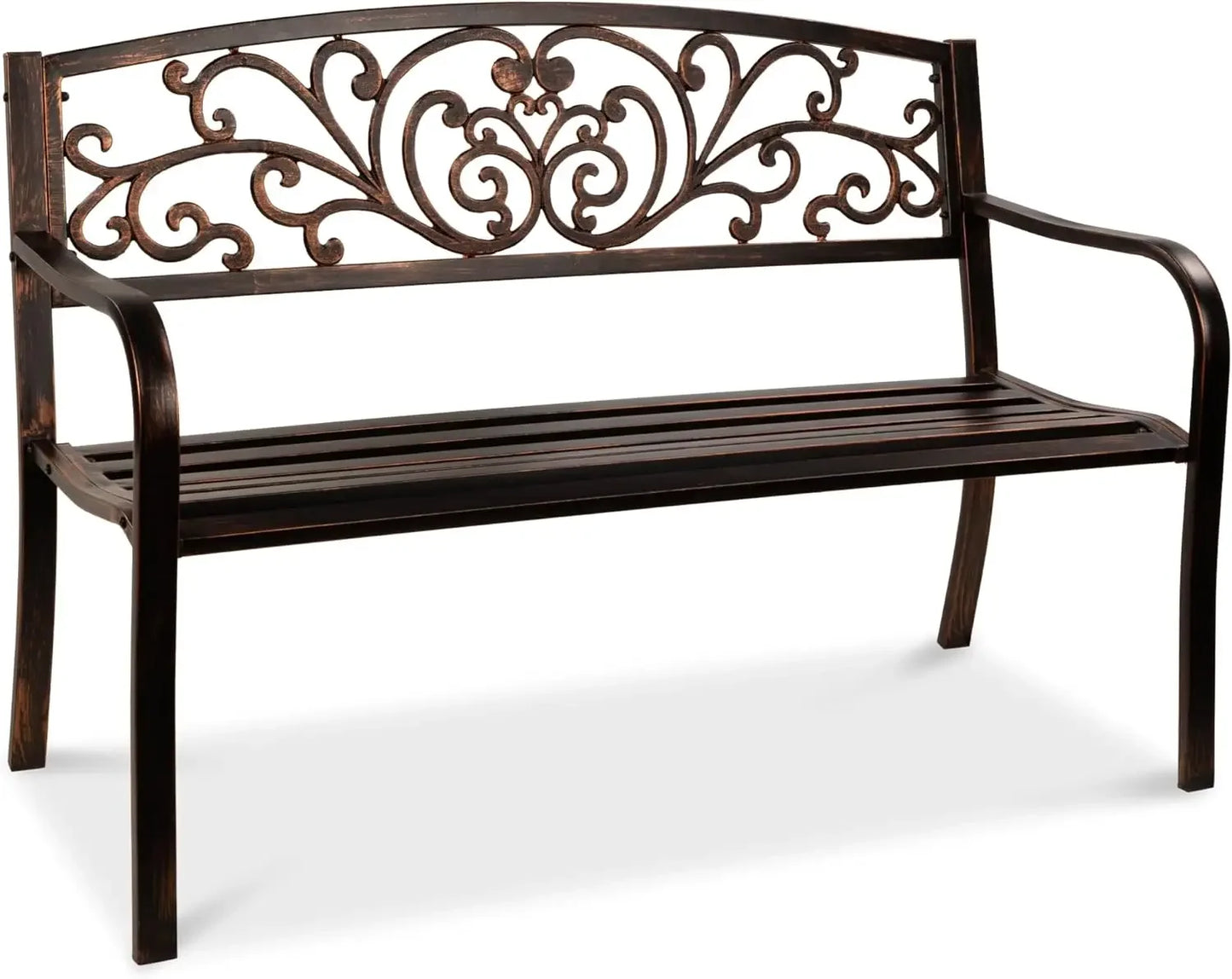 Outdoor Bench Steel Garden Patio Porch Furniture for Lawn, Park, Deck w/Floral Design Backrest, Slatted Seat