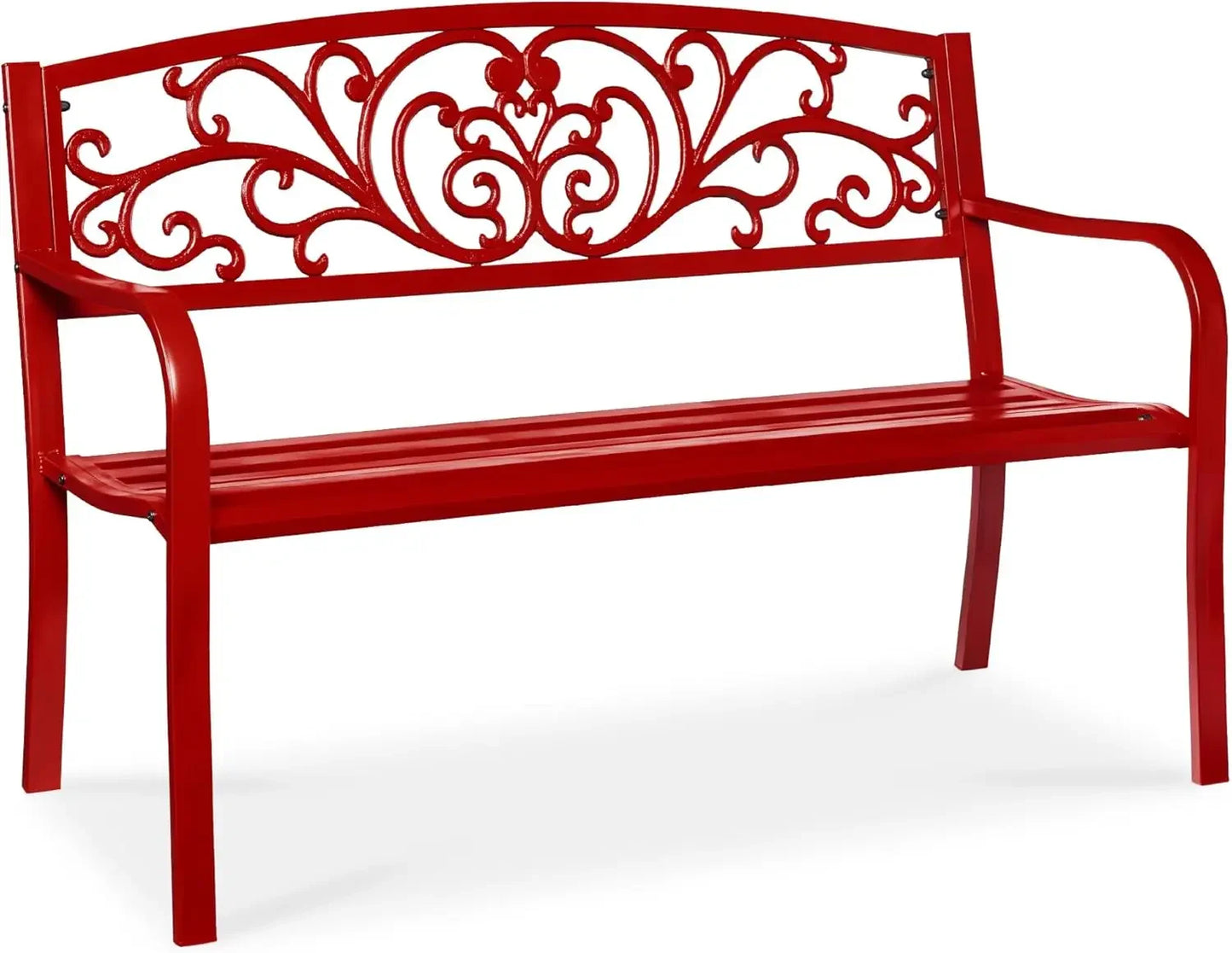 Outdoor Bench Steel Garden Patio Porch Furniture for Lawn, Park, Deck w/Floral Design Backrest, Slatted Seat