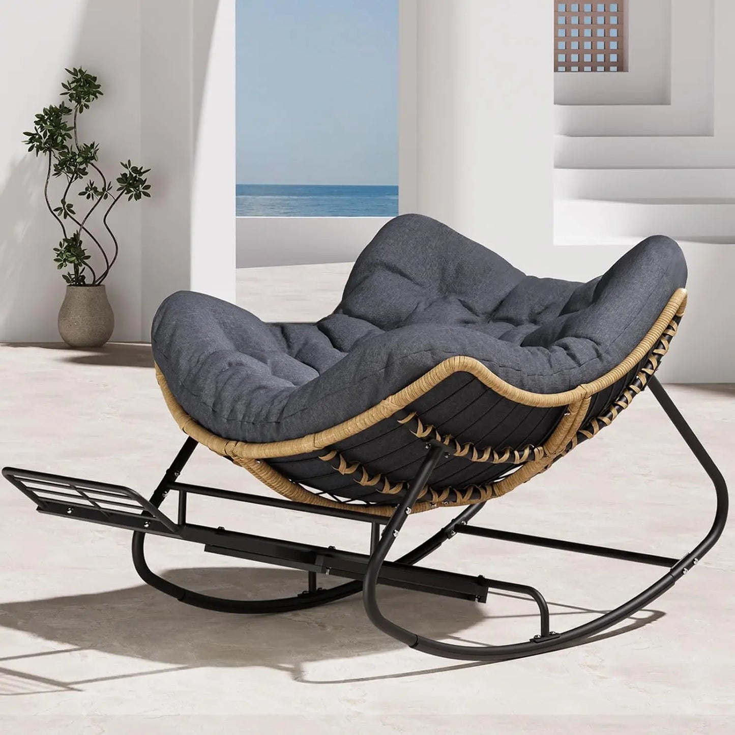 "Luxurious Oversized Outdoor Rocking Chair, Comfortable Patio Papasan Swing, Cozy Wicker Reading Nook, Egg-shaped Indoor Lounge