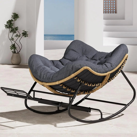 "Luxurious Oversized Outdoor Rocking Chair, Comfortable Patio Papasan Swing, Cozy Wicker Reading Nook, Egg-shaped Indoor Lounge