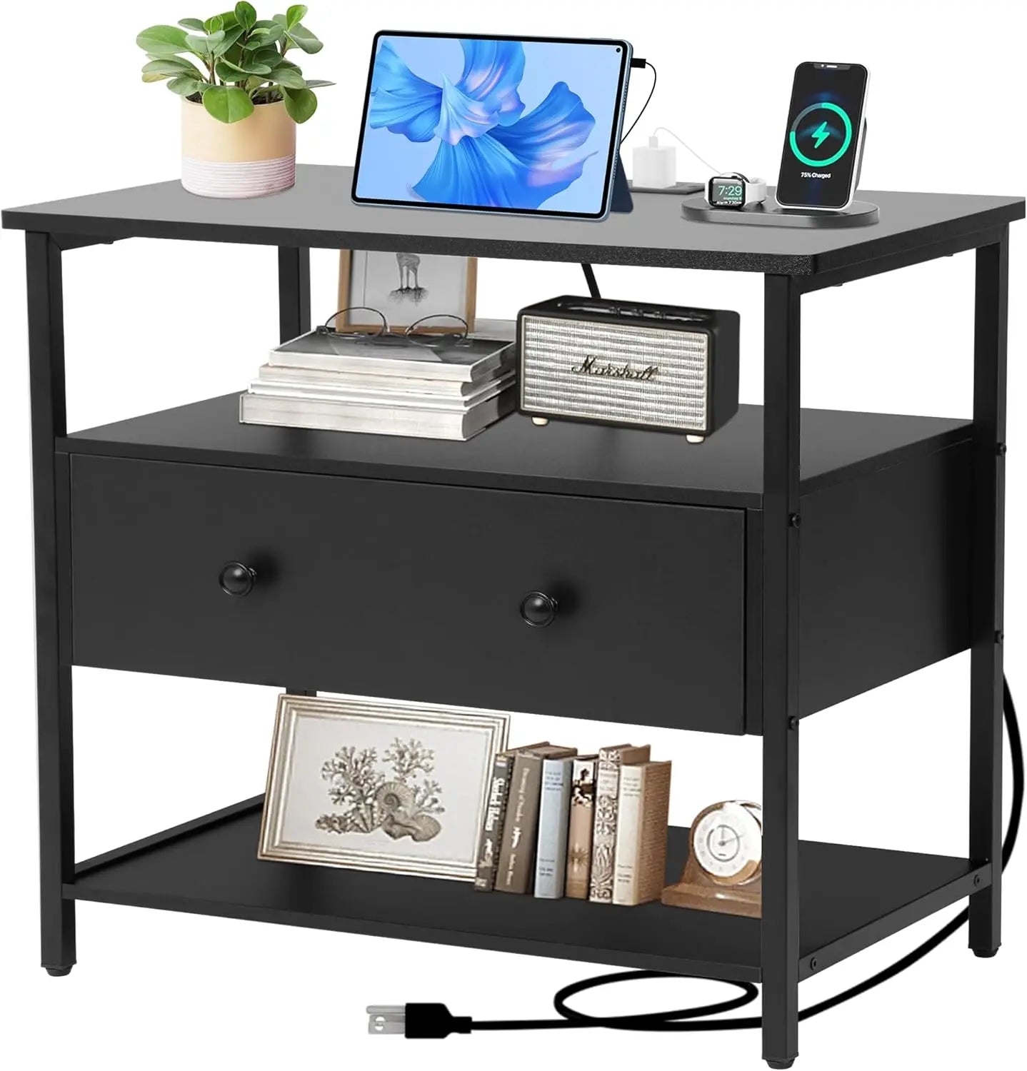27 inch Nightstand Side Table with 1 Layer of Wooden Drawers，Nightstand with Charging Station,End Table Bedside Table