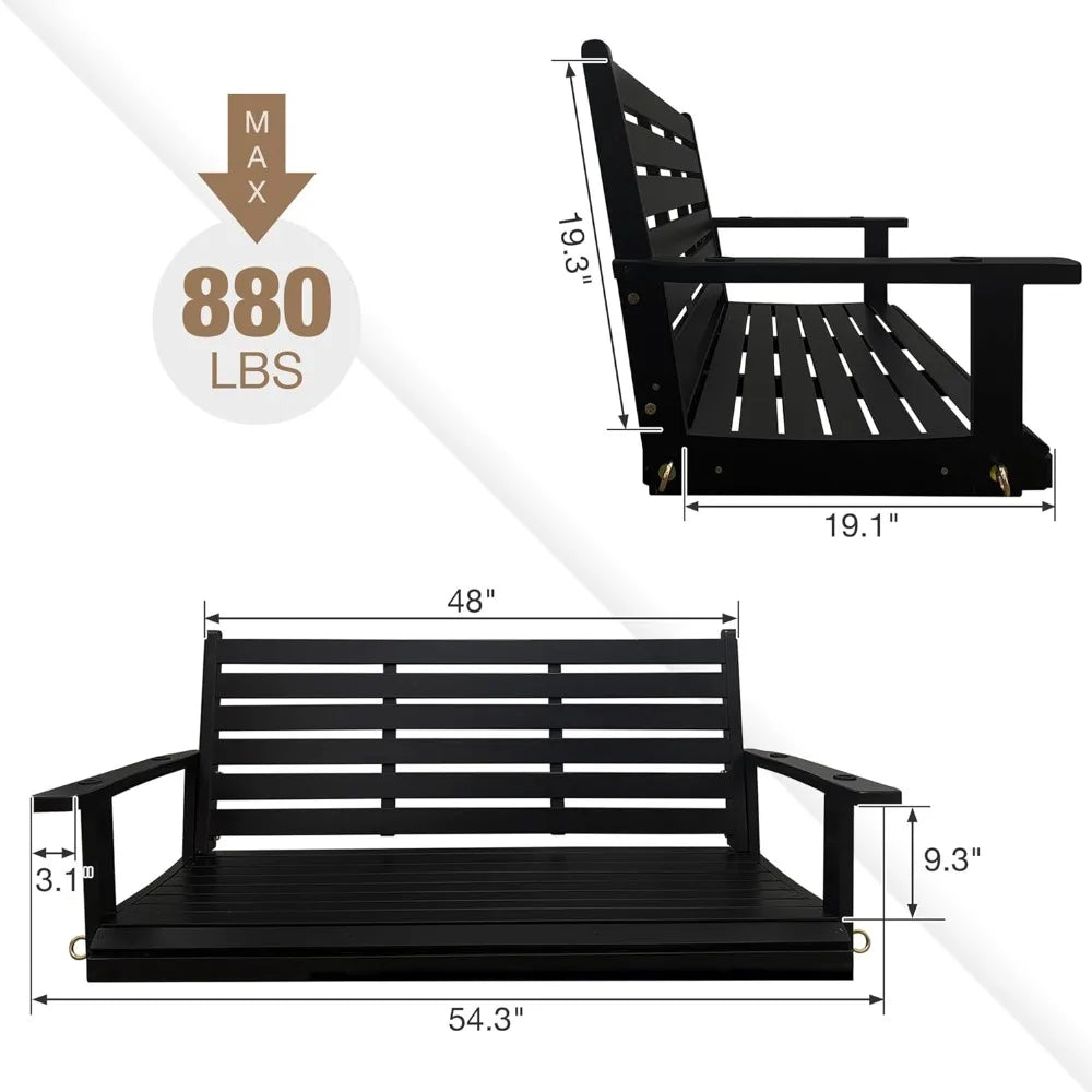 Wooden Porch Swing, Ergonomic Seat, Bench Swing with Hanging Chains and 7mm Springs, Heavy Duty 800 LBS, for Outdoor Patio