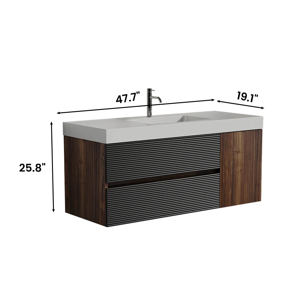 SH.KL 48 Inch Walnut Bathroom Vanity, Wall Mounted Floating Bathroom Cabinet, Pre-assembled, Bathroom Furniture, Vanities