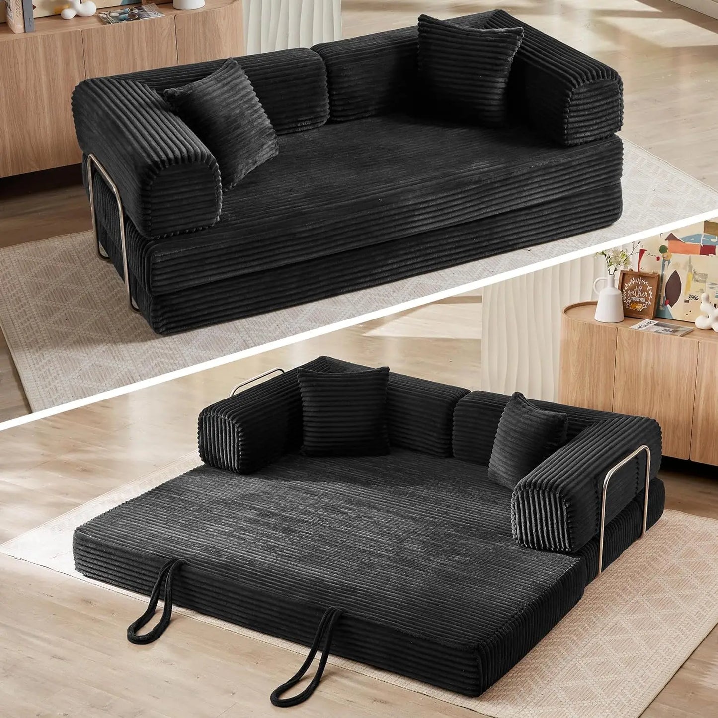 Sofa Bed 4-in-1 Boneless Couch Oversized Corduroy Upholstered Sleeper Sofa with Loveseat Couches for Living Room Futon