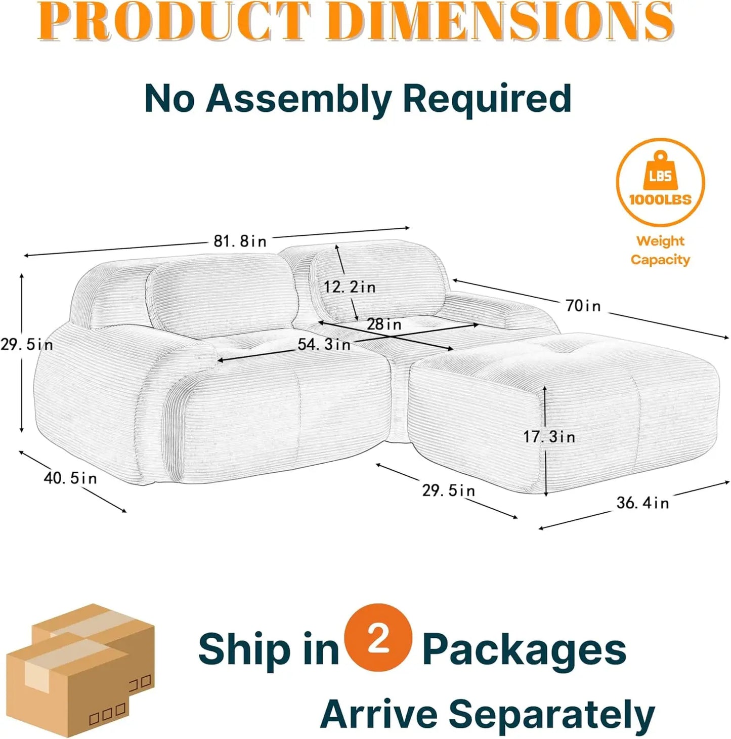 82" Boneless Couch, L-Shaped Small Modular Sectional Sofa for Living Room, Compressed Sofa with Deep Seat, Corduroy Cloud Couch